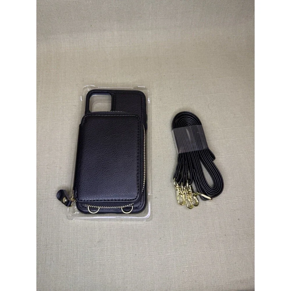 Black Fauz Leather Phone Case w Attachedcard Holder for iPhone 11 Pro Max